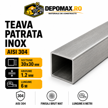 Teava patrata inox AISI 304, 30 x 30 x 1.2 mm, 6 metri